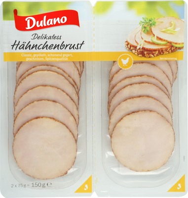 Dulano (Lidl) · Delikatess Hähnchenbrustfilet Classic (2 x 75 grams) The  Family Butchers Germany GmbH - Produktionsstätten TFB Nortrup Chicken  Sausages - Prepared/Processed Food / Beverage / Tobacco  Meat/Poultry/Sausages Meat/Poultry Sausages