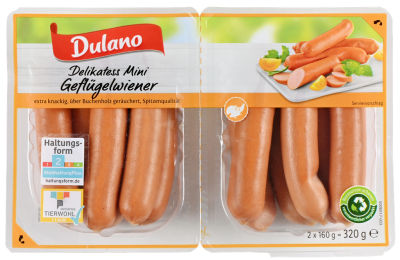 Fleisch · / / x / Dulano / Wurstwaren · Tabakwaren Wurst GmbH Klosterwald Lebensmittel Getränke Geflügelwurst (Lidl) Geflügel mynetfair (2 Mini-Geflügelwiener Vertriebs 160 Gramm) Wurstwaren